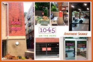 Collage of various outdoor signs for '1045 on the Park' apartments, designed and installed by Pinnacle Custom Signs. The images include a vertical sign on a brick wall, entrance signage with building number, and interior directional signs, showcasing the cohesive branding and functionality across different sign types.