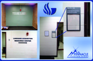 Collage of lobby signs for the Language Acquisition Resource Center, designed by Pinnacle Custom Signs. The images include wall-mounted signs with the center’s name, a suite number sign, and the Georgia State University logo. The signs feature clear, professional lettering and enhance wayfinding within the building.